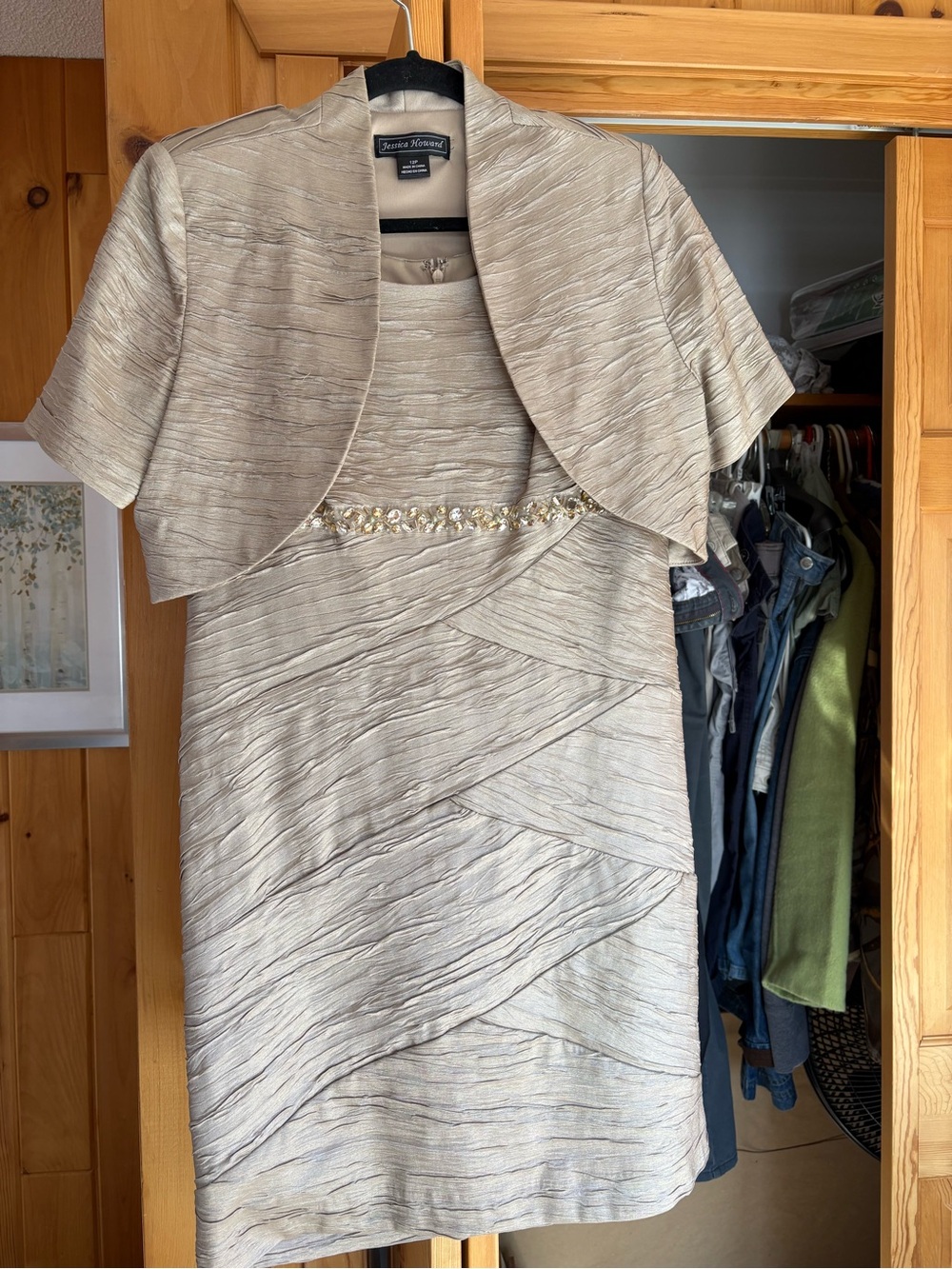 Jessica Howard Metallic Champagne Two-Piece Sheath Dress and Bolero